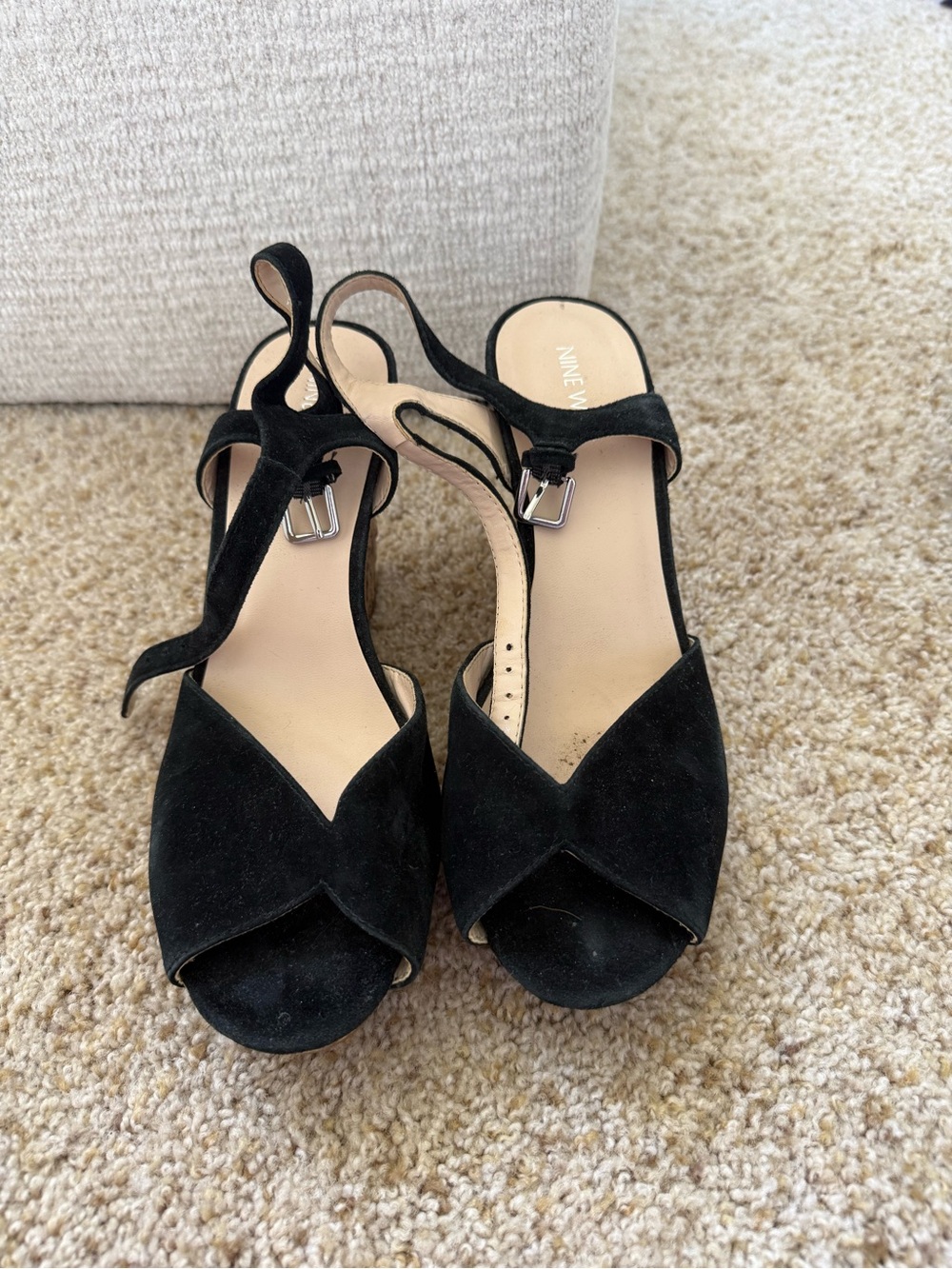 Nine West Black Suede Peep-Toe Slingback Wedge Heels